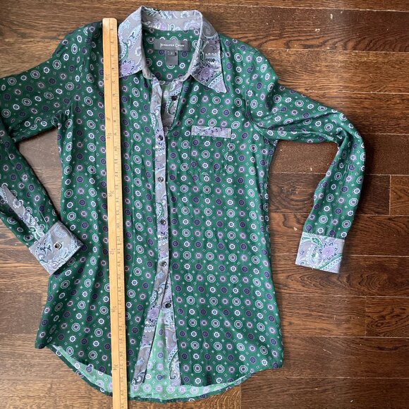 Jennifer Chun 100% Silk Emerald Green Print Shirt Blouse-Size 2 - Picture 9 of 9